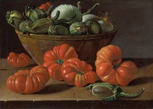 Still Life With Tomatoes, A Bowl Of Aubergines And Onions by Luis Melendez Oil Painting