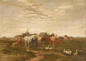 Landskab med heste og koer pa engen ved en gard by Luplau Janssen Oil Painting