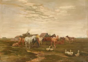 Landskab med heste og koer pa engen ved en gard by Luplau Janssen Oil Painting