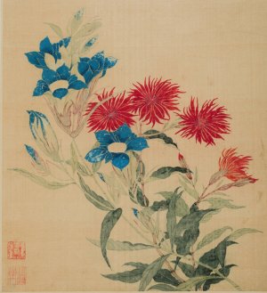 Blue Gentiana and Red Lychnis by Ma Yuanyu Oil Painting
