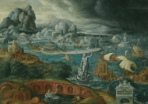 Classical Landscape With Ships Running Before A Storm Towards A Classical Harbour by Maarten Van Heemskerck Oil Painting