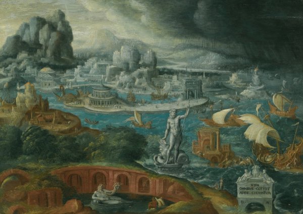 Classical Landscape With Ships Running Before A Storm Towards A Classical Harbour by Maarten Van Heemskerck - Hand-Painted Oil Painting Reproduction