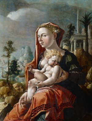 Virgin With Child In Front Of A Landscape by Maarten Van Heemskerck Oil Painting