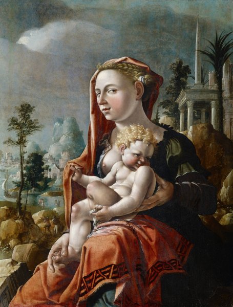 Virgin With Child In Front Of A Landscape by Maarten Van Heemskerck - Hand-Painted Oil Painting Reproduction
