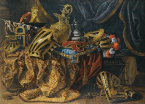 Pieces Of Parade Armour, A Plumed Helmet, A Pistol In A Case, A Gilt Ewer, A Silver Perfume Burner, A Jewellery Box, A Trumpet And A Flag On A Cassone by Madeleine De Boulogne Oil Painting