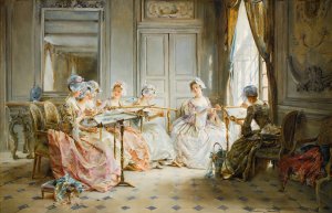 The embroidery class by Madeleine-Jeanne Lemaire Oil Painting