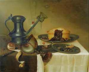 Still Life With A Pitcher, A Lemon, A Pie And A Nautilus Cup On A Wooden Ledge by Maerten Boelema De Stomme Oil Painting