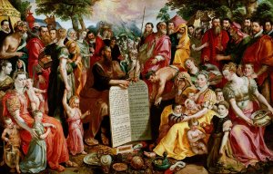 Moses Showing the Tablets of the Law to the Israelites with Portraits of Members of the Panhuys Family, their Relatives and Friends by Maerten De Vos Oil Painting