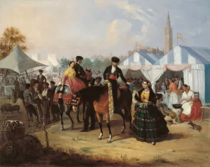 At the Seville Fair by Manuel Cabral Aguado Bejarano Oil Painting