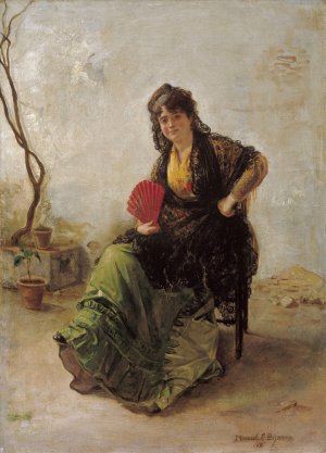 Maja with Red Fan by Manuel Cabral Aguado Bejarano Oil Painting