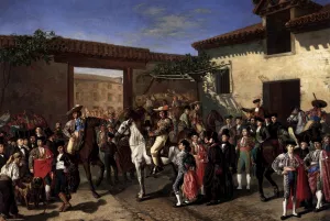 Horses in a Courtyard by the Bullring Before the Bullfight, Madrid by Manuel Castellano Oil Painting
