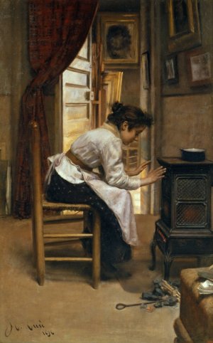 Beside the Fire by Manuel Cusi Y Ferret Oil Painting