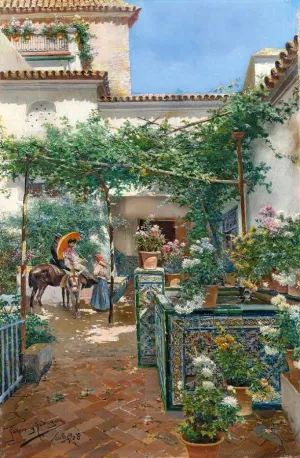 A Courtyard in Seville by Manuel Garcia y Rodriguez Oil Painting