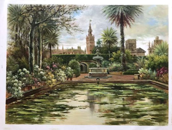 Sample hand-painted oil reproduction of A Garden in Seville by Henri Biva