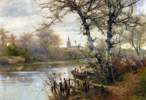 A River Landscape with Seville Beyond by Manuel Garcia y Rodriguez - Hand-Painted Oil Painting Reproduction