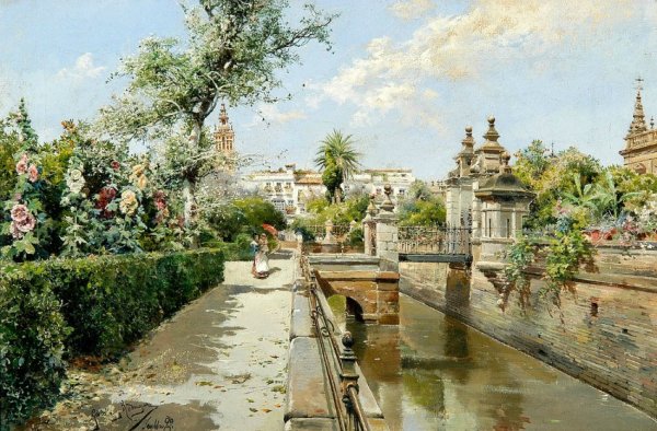 Main Product Photo of A Seville Garden Painting by Manuel Garcia y Rodriguez