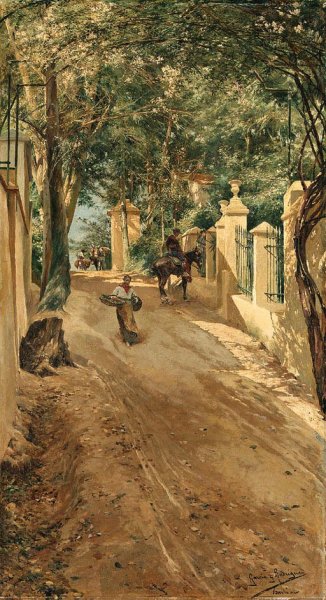 A Shaded Village Road by Manuel Garcia y Rodriguez - Hand-Painted Oil Painting Reproduction