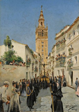 Easter Procession In Mateos Gago Street, Seville by Manuel Garcia y Rodriguez Oil Painting