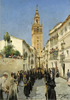 Eeaster Procession in Mateos Gago Street, Seville by Manuel Garcia y Rodriguez Oil Painting