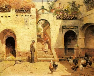 Feeding Poultry in a Courtyard by Manuel Garcia y Rodriguez - Oil Painting Reproduction