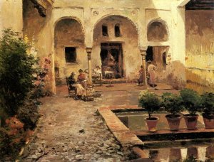 Figures in a Spanish Courtyard by Manuel Garcia y Rodriguez Oil Painting