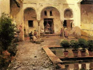 Figures in a Spanish Courtyard by Manuel Garcia y Rodriguez - Oil Painting Reproduction