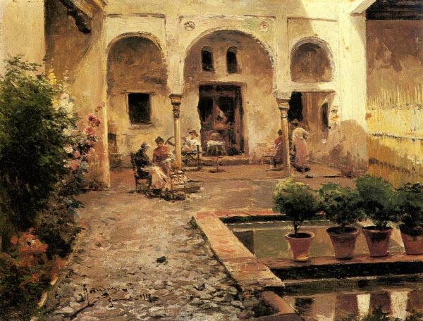 Main Product Photo of Figures in a Spanish Courtyard Painting by Manuel Garcia y Rodriguez