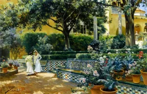 Gardens of the Alcazar Seville by Manuel Garcia y Rodriguez - Oil Painting Reproduction