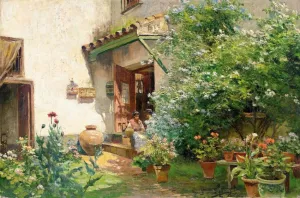 In the Courtyard by Manuel Garcia y Rodriguez - Oil Painting Reproduction