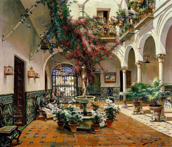 Interior Courtyard, Seville  by Manuel Garcia y Rodriguez - Hand-Painted Oil Painting Reproduction
