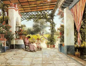 Mother and Daughter Sewing in a Patio by Manuel Garcia y Rodriguez Oil Painting