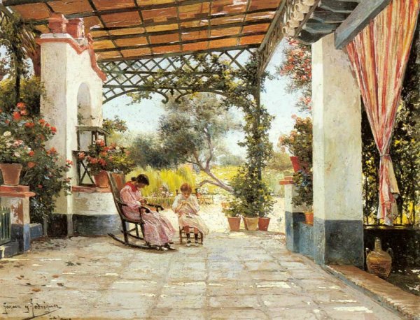 Mother and Daughter Sewing in a Patio by Manuel Garcia y Rodriguez - Hand-Painted Oil Painting Reproduction