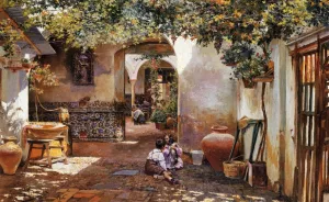 Patio with Children by Manuel Garcia y Rodriguez - Oil Painting Reproduction