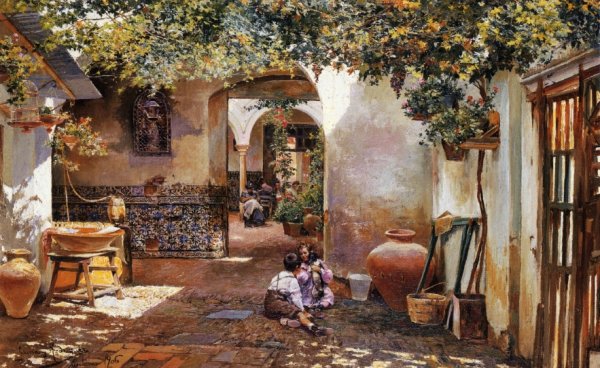 Main Product Photo of Patio with Children Painting by Manuel Garcia y Rodriguez