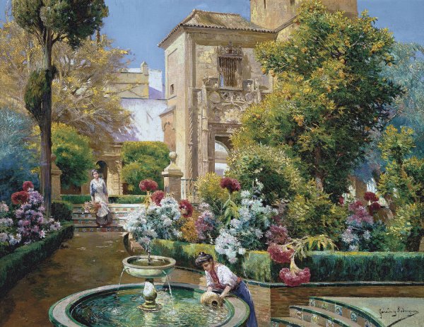 The Alcazar Gardens, Seville  by Manuel Garcia y Rodriguez - Hand-Painted Oil Painting Reproduction