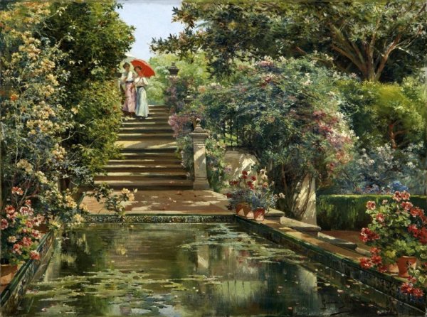 Main Product Photo of The Gardens of the Alcazar of Seville Painting by Manuel Garcia y Rodriguez