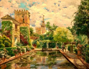 The Gardens of the Royal Alcazar, Seville by Manuel Garcia y Rodriguez - Oil Painting Reproduction