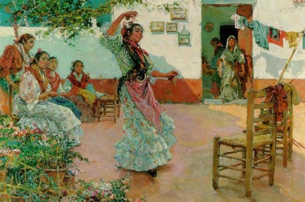 Gitanas en el Patio by Manuel Ruiz Guerrero - Hand-Painted Oil Painting Reproduction