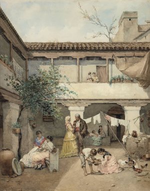 A Seville Courtyard by Manuel Ussel De Guimbarda Oil Painting