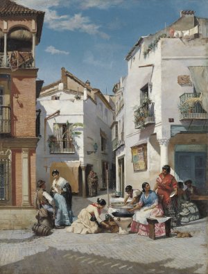 Rosquilla Sellers in a Corner of Seville by Manuel Ussel De Guimbarda Oil Painting