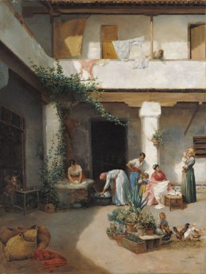 Washing in the Courtyard by Manuel Ussel De Guimbarda Oil Painting