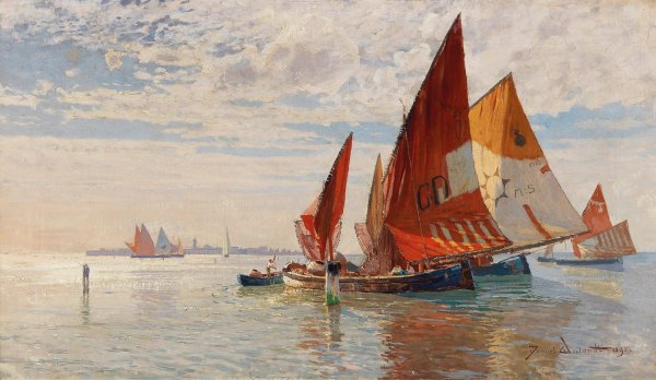 Main Product Photo of Fishermen In The Venetian Lagoon Painting by Manuel Wielandt