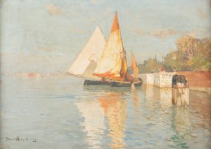 Fishing boats by Venice by Manuel Wielandt Oil Painting