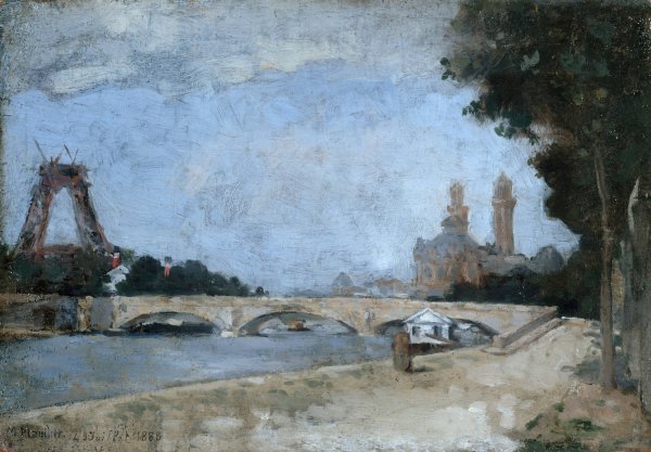 La Tour Eiffel en construction, vue du quai de la Conference  by Marc Marie Georges Mouclier - Hand-Painted Oil Painting Reproduction