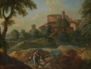 Landscape With Soldiers And Dogs Near A River, A Town In The Distance by Marcantonio Sardi Oil Painting