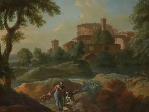 Landscape With Soldiers And Dogs Near A River, A Town In The Distance by Marcantonio Sardi Oil Painting