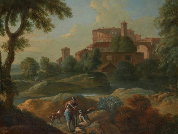 Landscape With Soldiers And Dogs Near A River, A Town In The Distance by Marcantonio Sardi - Hand-Painted Oil Painting Reproduction