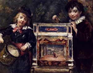 Portrait Of The Artist's Two Sons With Their Puppet Theatre by Marcellin Desboutin - Oil Painting Reproduction