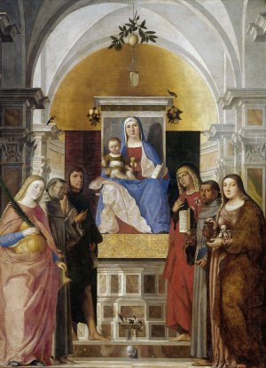 Madonna and Child with St's Catherine, Francis of Assisi,John the Baptist John the Evangelist, Antony of Padua and Mary Magdalene by Marcello Fogolino Oil Painting