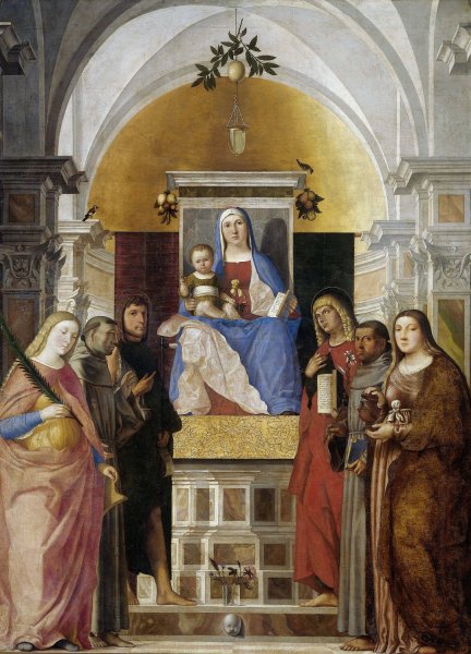 Madonna and Child with St's Catherine, Francis of Assisi,John the Baptist John the Evangelist, Antony of Padua and Mary Magdalene by Marcello Fogolino - Hand-Painted Oil Painting Reproduction